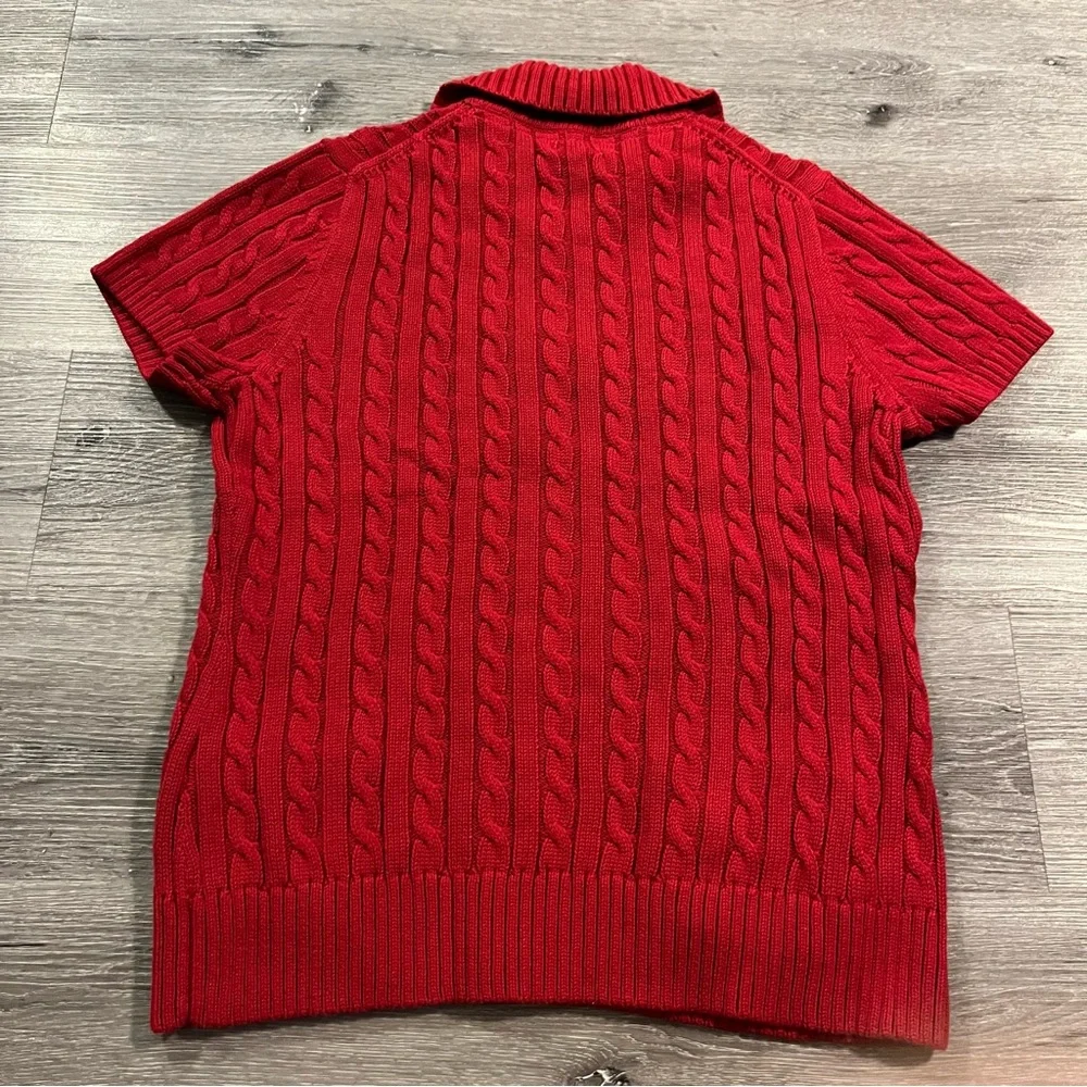 LL Bean Red Short Sleeve Cable Knit Button Down Cardigan Sweater Large Coastal - Picture 8 of 10